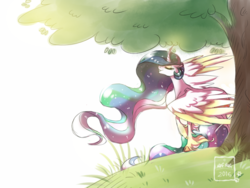 Size: 800x600 | Tagged: dead source, safe, artist:nafsi-chan, princess celestia, alicorn, classical unicorn, pony, g4, cloven hooves, colored wings, colored wingtips, curved horn, eyes closed, eyeshadow, featured image, female, grass, grin, hill, horn, leonine tail, majestic, makeup, mare, missing accessory, outdoors, raised hoof, signature, simple background, smiling, solo, spread wings, sweet dreams fuel, tree, unshorn fetlocks, white background, wings