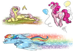 Size: 800x597 | Tagged: safe, artist:nafsi-chan, fluttershy, pinkie pie, rainbow dash, bird, g4, balloon, eyes closed, flying, jumping, prone, tongue out