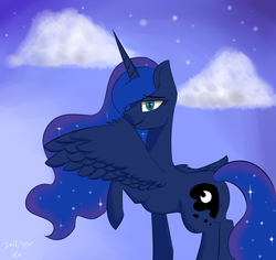 Size: 3600x3400 | Tagged: safe, artist:passigcamel, princess luna, g4, butt, female, high res, looking back, plot, raised hoof, smiling, solo, spread wings