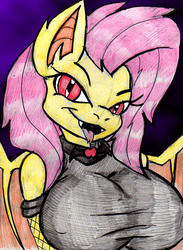 Size: 1000x1368 | Tagged: safe, artist:mhedgehog21, part of a set, fluttershy, bat pony, anthro, g4, big breasts, breasts, busty fluttershy, clothes, dress, female, flutterbat, forked tongue, race swap, solo, tongue out, traditional art