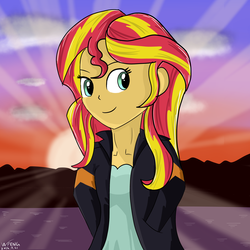 Size: 3000x3000 | Tagged: safe, artist:linlaifeng, sunset shimmer, equestria girls, g4, clothes, crepuscular rays, female, high res, jacket, leather jacket, solo, sun, sunset, sunshine shimmer