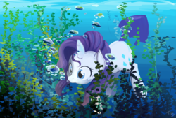 Size: 3000x2027 | Tagged: safe, artist:tivy, rarity, pony, g4, bubble, cute, female, floating, high res, holding breath, painting, raribetes, solo, swimming, underwater, wet mane