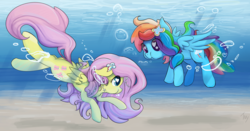 Size: 5800x3028 | Tagged: safe, artist:tivy, fluttershy, rainbow dash, pony, g4, bubble, cute, diving, female, hairpin, heart, heart eyes, holding breath, lesbian, mare, ship:flutterdash, shipping, swimming, underwater, water, wingding eyes