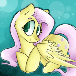 Size: 1200x1200 | Tagged: safe, artist:nicothemintyrabbit, fluttershy, g4, abstract background, female, looking at you, prone, smiling, solo, spread wings, turned head