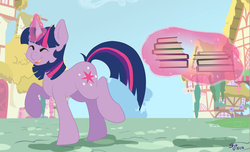 Size: 1024x624 | Tagged: safe, artist:shyamette, twilight sparkle, pony, unicorn, g4, blushing, book, bookhorse, eyes closed, female, magic, smiling, solo, telekinesis, unicorn twilight