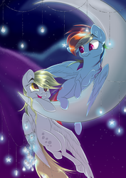 Size: 2893x4092 | Tagged: dead source, safe, artist:banoodle, derpy hooves, rainbow dash, pegasus, pony, g4, crescent moon, duo, female, hanging, mare, moon, prone, stars, tangible heavenly object, transparent moon