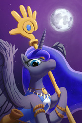 Size: 1280x1920 | Tagged: safe, artist:tranquilmind, princess luna, alicorn, pony, g4, clothes, crossover, female, moon, populous, shaman, solo, spread wings, staff