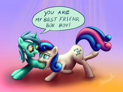 Size: 1989x1491 | Tagged: safe, artist:hexado, bon bon, lyra heartstrings, sweetie drops, pony, g4, best friends, casual vore, dialogue, female, fetish, happy, lesbian, mare, open mouth, ship:lyrabon, shipping, smiling, underhoof, vore, willing prey, willing vore