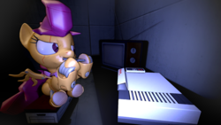 Size: 1920x1080 | Tagged: dead source, safe, artist:fillerartist, scootaloo, robot, g4, 3d, blowing, cleaning, female, nintendo, nintendo entertainment system, scootabot, sitting, solo, source filmmaker, video game