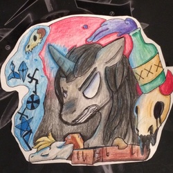 Size: 1200x1200 | Tagged: safe, artist:drunkpirate, prince blueblood, oc, oc:azrael, pony, unicorn, g4, 2spooky, alcohol, dead, edgy, eyes rolling back, facial hair, magic, scowl, skull, traditional art