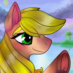 Size: 1024x1024 | Tagged: safe, artist:brainiac, applejack, g4, blushing, female, implied lesbian, implied rarijack, implied shipping, offscreen character, portrait, scenery, solo