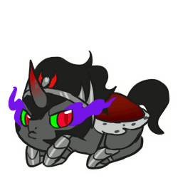 Size: 500x500 | Tagged: safe, artist:mondlichtkatze, king sombra, pony, unicorn, g4, animated, cute, frame by frame, frown, grumpy, male, prone, shaking, simple background, solo, sombra's cape, sombradorable, squigglevision, stallion, transparent background