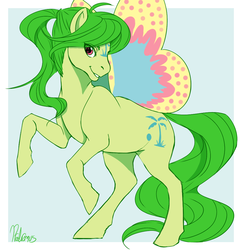 Size: 982x1014 | Tagged: safe, artist:bekuno, cool breeze, g1, butterfly wings, female, ponytail, rearing, solo, windy wing ponies