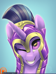 Size: 1024x1333 | Tagged: safe, artist:northernsprint, twilight sparkle, pony, unicorn, g4, accessory theft, female, grin, mare, one eye closed, patreon, patreon logo, shining armor's helmet, signature, smiling, solo, wink