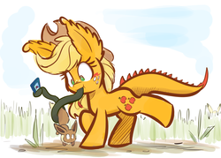 Size: 1680x1200 | Tagged: safe, artist:heir-of-rick, derpibooru exclusive, edit, applejack, eevee, monster pony, original species, pikachu, tatzlpony, g4, impossibly large ears, phone, pokémon, pokémon go, smartphone, species swap, tatzljack, tentacle tongue, tentacles