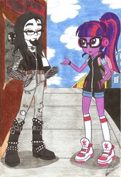 Size: 4794x6991 | Tagged: safe, artist:metaldudepl666, sci-twi, twilight sparkle, oc, oc:shadow sketch, equestria girls, g4, absurd resolution, alternate clothes, black metal, equestria girls-ified, glasses, headphones, heavy metal, metal, ponytail, sneakers, traditional art