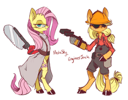 Size: 1413x1101 | Tagged: safe, artist:xenon, applejack, fluttershy, semi-anthro, g4, crossover, engiejack, engineer, engineer (tf2), fluttermedic, glasses, medic, medic (tf2), team fortress 2