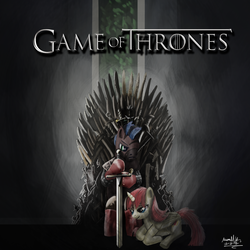 Size: 1280x1280 | Tagged: safe, artist:turbopower1000, oc, oc only, alicorn, earth pony, pony, alicorn oc, armor, crossover, duo, female, game of thrones, iron throne, male, mare, mohawk, stallion, sword, weapon