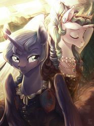 Size: 913x1227 | Tagged: safe, artist:locksto, princess celestia, princess luna, alicorn, pony, g4, :|, alternate hairstyle, braid, clothes, crossover, crown, dress, ear piercing, eyes closed, female, frown, glare, jewelry, lidded eyes, mare, necklace, pearl necklace, piercing, regalia, serious, sitting, spread wings, the witcher, wing fluff, wings