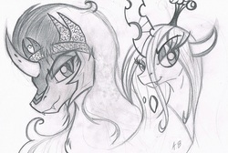 Size: 1960x1321 | Tagged: safe, artist:rossmaniteanzu, king sombra, queen chrysalis, changeling, changeling queen, pony, unicorn, g4, female, sketch, traditional art, wip