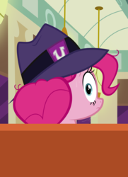 Size: 1032x1423 | Tagged: safe, artist:sollace, pinkie pie, earth pony, pony, g4, the saddle row review, female, hat, looking at you, looking back, messy mane, nervous, pinkie clone, shaking, show accurate, solo, sweat, vector