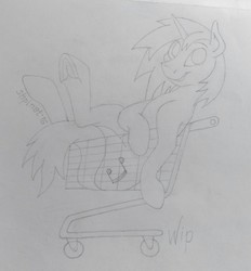 Size: 2140x2304 | Tagged: safe, artist:shpinat9, dj pon-3, vinyl scratch, g4, crossed legs, high res, monochrome, shopping cart, sketch, smiling, traditional art, underhoof, wip