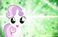 Size: 4000x2539 | Tagged: safe, artist:cosmocatcrafts, sweetie belle, pony, unicorn, g4, female, filly, grid, hexagon, lens flare, looking at you, signature, smiling, stars, vector, wallpaper