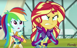 Size: 1034x642 | Tagged: safe, screencap, rainbow dash, sunset shimmer, equestria girls, g4, my little pony equestria girls: friendship games, discovery family logo, female, shrunken pupils