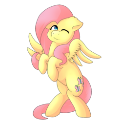 Size: 1080x1080 | Tagged: safe, artist:coralcloud, fluttershy, g4, female, looking at you, one eye closed, rearing, simple background, solo, spread wings, transparent background, wink