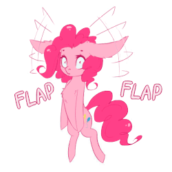 Size: 500x500 | Tagged: safe, artist:fidelissibs, pinkie pie, g4, animated, chest fluff, female, flapping, floppy ears, fluffy, flying, frown, impossibly large ears, looking at you, pinkie being pinkie, pinkie physics, simple background, solo, wat, white background, wide eyes, wing ears