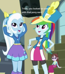 Size: 578x654 | Tagged: safe, screencap, rainbow dash, trixie, velvet sky, equestria girls, g4, my little pony equestria girls: friendship games, background human, captain obvious, chs rally song, female