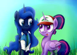 Size: 2284x1631 | Tagged: safe, artist:pucksterv, princess luna, twilight sparkle, alicorn, pony, g4, clothes, eye contact, female, hat, lesbian, mare, pokémon, ponytail, ship:twiluna, shipping, smiling, twilight sparkle (alicorn)