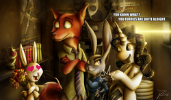 Size: 1250x735 | Tagged: safe, artist:jamescorck, angel bunny, oc, oc:movie slate, fox, g4, bouquet, crossover, fist bump, furry, heart, hoofbump, judy hopps, nick wilde, zootopia