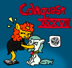 Size: 640x600 | Tagged: safe, artist:ficficponyfic, oc, oc only, oc:emerald jewel, oc:pipadeaxkor, demon, earth pony, ghost, pony, colt quest, alternate color palette, amulet, blank flank, book, cheek pinch, cheek squish, child, cloak, clothes, color, colt, cute, cyoa, disguise, evil, eyes closed, fangs, female, foal, glare, horn, irritated, logo, male, recap, sitting, title, title card
