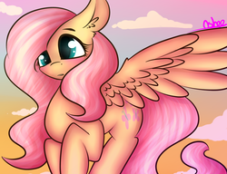 Size: 3000x2300 | Tagged: safe, artist:ashee, fluttershy, g4, blushing, female, flying, high res, solo, sunset