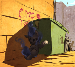 Size: 1000x901 | Tagged: safe, artist:atryl, oc, oc only, elemental, 30 minute art challenge, alley, darkness, dumpster, female, garbage bag, graffiti, shadow, sunlight, this will end in death, trash can