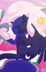 Size: 792x1224 | Tagged: safe, artist:usbdongle, princess celestia, princess luna, g4, eyes closed