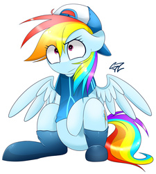 Size: 1583x1760 | Tagged: dead source, safe, artist:php69, rainbow dash, g4, cap, clothes, female, hat, socks, solo