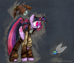 Size: 4094x3511 | Tagged: safe, artist:sorrowatthename, twilight sparkle, parasprite, pony, g4, goggles, steampunk