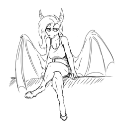 Size: 1097x1159 | Tagged: safe, artist:drakecreator, fluttershy, bat pony, anthro, unguligrade anthro, g4, bat wings, breasts, busty fluttershy, cleavage, clothes, crossed legs, female, flutterbat, monochrome, race swap, sad, shorts, sitting, tank top, thinking