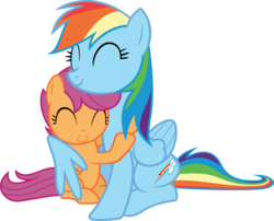 Size: 5000x4040 | Tagged: safe, artist:timelordomega, rainbow dash, scootaloo, pegasus, pony, g4, sleepless in ponyville, ^^, cute, dashabetes, duo, duo female, eyes closed, female, filly, foal, hug, mare, simple background, sitting, smiling, transparent background, vector, winghug