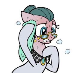 Size: 828x813 | Tagged: safe, artist:pencils, cloudy quartz, earth pony, pony, g4, blushing, female, mare, meme, simple background, solo, sweating towel guy, towel, transparent background