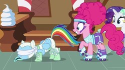 Size: 704x396 | Tagged: safe, screencap, pinkie pie, rainbow dash, rarity, pony, g4, scare master, astrodash, blindfold, clothes, costume, cropped, eyes on the prize, looking at butt, nightmare night, nightmare night costume, out of context, pinkie puffs