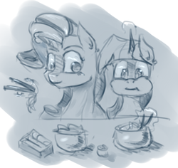 Size: 901x852 | Tagged: safe, artist:post-it, rarity, twilight sparkle, g4, chopsticks, eating, food, monochrome, noodles, ramen, rarity looking at food, sketch, sushi