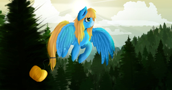 Size: 3508x1858 | Tagged: safe, artist:aria-winter54, oc, oc only, oc:pumpkin cloud, pegasus, pony, gift art, scenery, solo