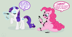 Size: 2073x1069 | Tagged: dead source, safe, artist:edanarose, pinkie pie, rarity, pony, g4, duo, makeup, messy