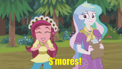 Size: 640x360 | Tagged: safe, screencap, gloriosa daisy, pinkie pie, princess celestia, principal celestia, equestria girls, g4, my little pony equestria girls: legend of everfree, animated, camp everfree logo, camp everfree outfits, cute, diapinkes, female, geode of fauna, geode of shielding, geode of sugar bombs, geode of super speed, geode of super strength, magical geodes, s'mores