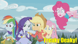 Size: 640x360 | Tagged: safe, screencap, applejack, fluttershy, pinkie pie, rainbow dash, rarity, equestria girls, g4, my little pony equestria girls: legend of everfree, animated, boho, camp fashion show outfit, female, freaky deaky, geometric, humane five, hypocritical humor, in which pinkie pie forgets how to gravity, pinkie being pinkie, pinkie physics