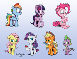 Size: 1024x787 | Tagged: safe, artist:pony-berserker, applejack, fluttershy, pinkie pie, rainbow dash, rarity, spike, twilight sparkle, alicorn, dragon, earth pony, pegasus, pony, unicorn, g4, female, floppy ears, grin, jay fosgitt style, male, mane seven, mane six, mare, raised hoof, smiling, snorting, style emulation, twilight sparkle (alicorn), unamused