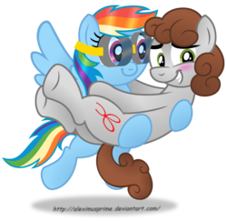 Size: 2704x2625 | Tagged: safe, artist:aleximusprime, rainbow dash, oc, oc:dreamer, g4, blushing, carrying, flying, goggles, high res, rainmer, simple background, smiling, transparent background, underhoof